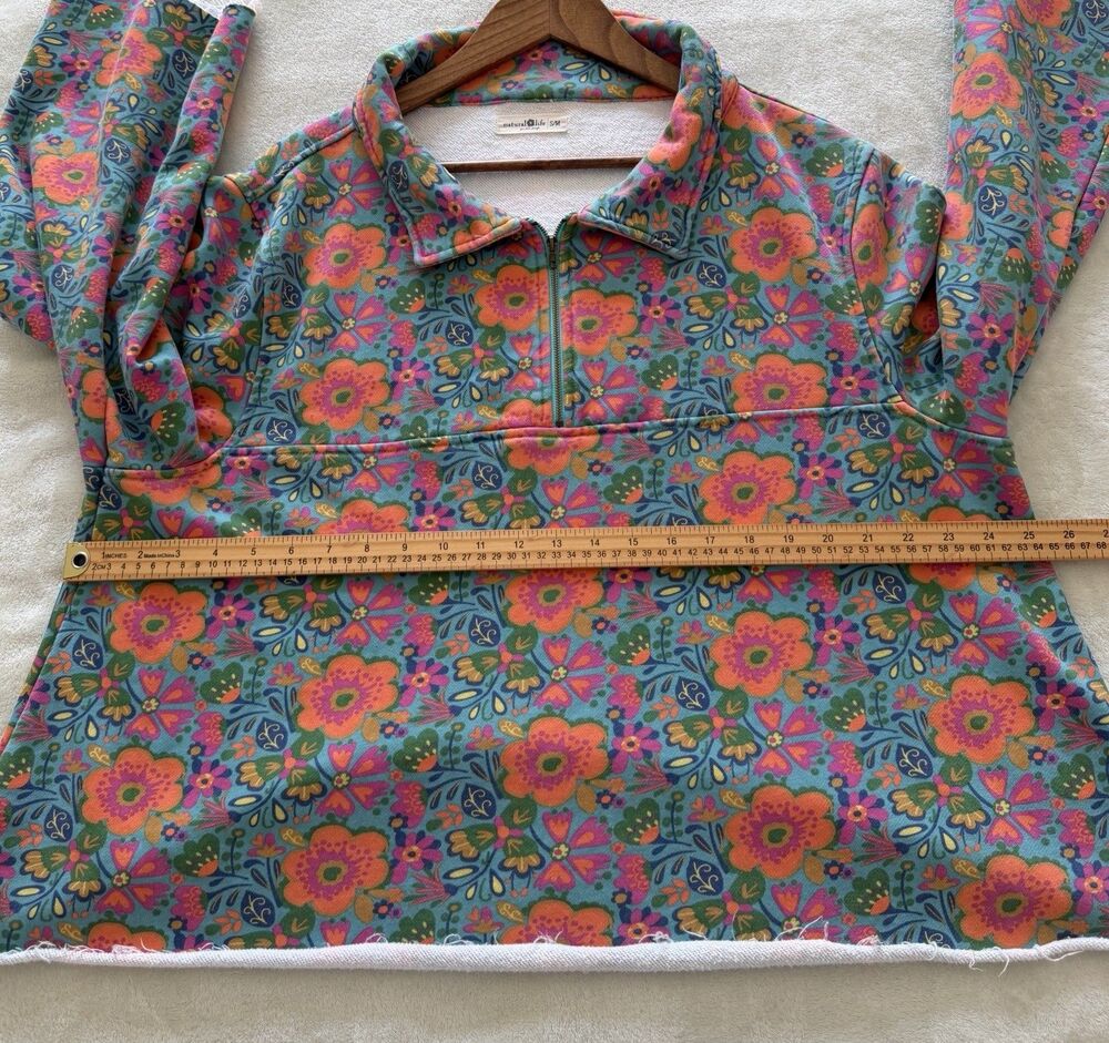 Natural Life Womens Pullover S/M Blue Floral Quarter Zip Oversized Boho Hippie - Picture 9 of 13